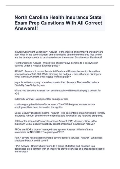 North Carolina Health Insurance State Exam Prep Questions With All ...