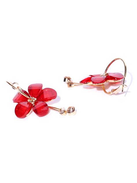Gold-Plated Stones Studded Floral Drop Earrings in Red Color – Priyaasi