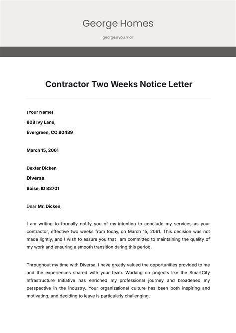 Free Contractor Two Weeks Notice Letter Template to Edit Online