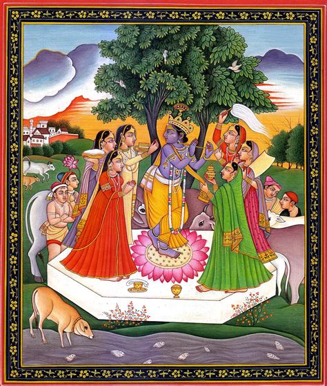 Exotic India Lord Krishna with Gopis - Water Color Painting on Paper ...