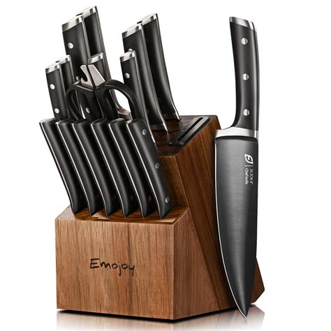 Knife Set, Emojoy 17-Piece Kitchen Knife Set with Heavy-Duty Acacia ...