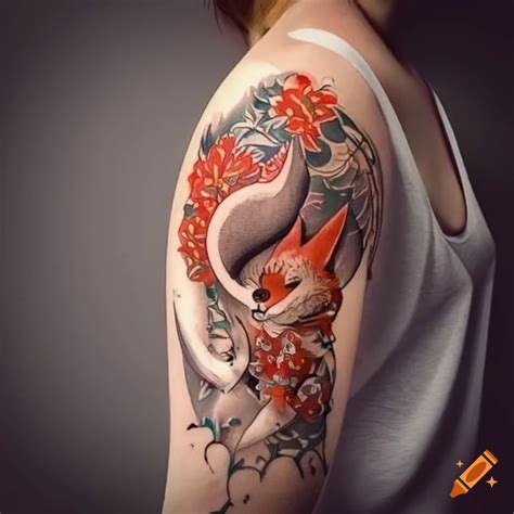 Japanese fox tattoo design on right arm on Craiyon