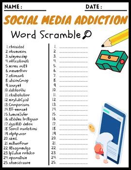 Social Media Addiction Word Scramble Puzzle Worksheets Activities