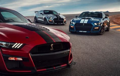Download wallpaper blue, Mustang, Ford, Shelby, GT500, the hood, three ...