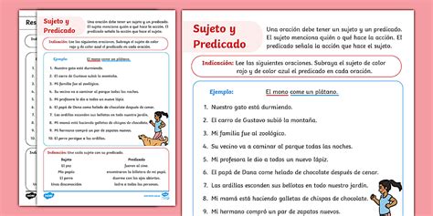 Ficha de actividad: Sujeto y predicado para segundo grado