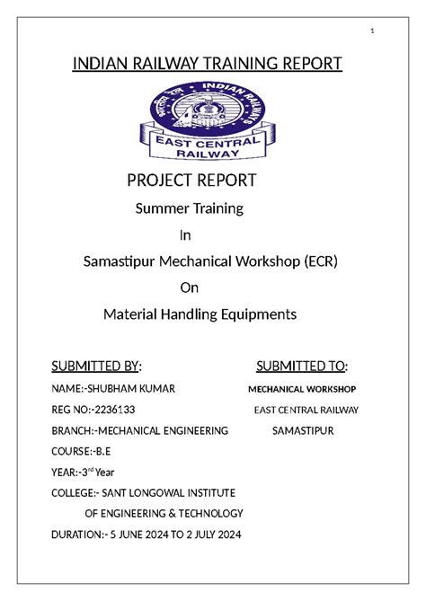 Samastipur Mechanical Workshop Training Report - ECR Industrial ...