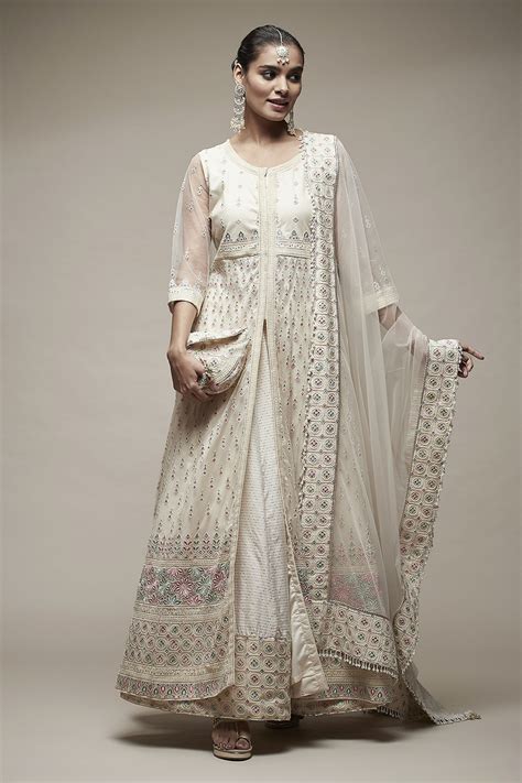 Off White Nylon Anarkali Lehenga Set at Biba India