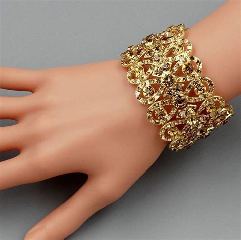 18K Gold Plated Topaz Crystal Rhinestone Wedding Bangle Cuff Stretch ...