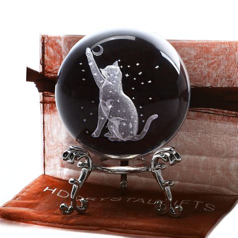 60mm 3D Cat Crystal Ball Figurine Glass Laser Engraved Cat Moon Star ...