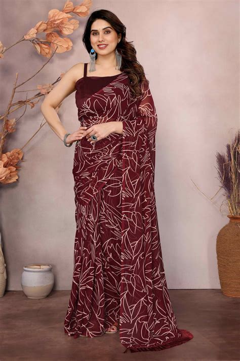 Maroon Floral Printed Georgette Ready Made Saree With Tassels