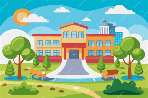 학교 건물 앞면 평면 디자인 터 클리파트 일러스트레이션 | 프리미엄 AI 생성 벡터