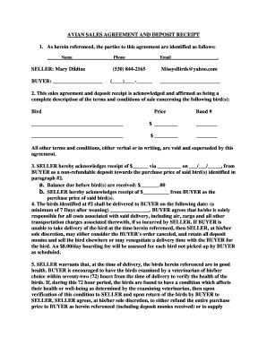 Fillable Online AVIAN SALES AGREEMENT AND DEPOSIT RECEIPT Fax Email ...