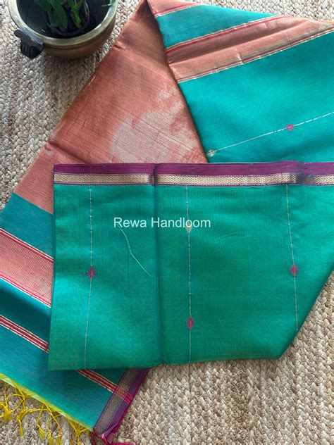 Aqua Green Lining Butti Shaded Maheshwari Saree SBS0115 – Rewa Handloom
