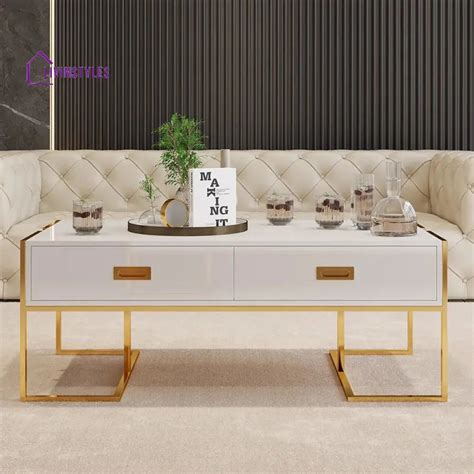 Falguni White Rectangular Coffee Table With Drawers Lacquer Gold Base ...