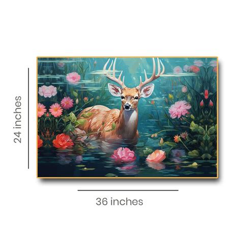 Tranquil Reflections: Swamp Deer in the Flowered Pond Canvas Wall Art ...
