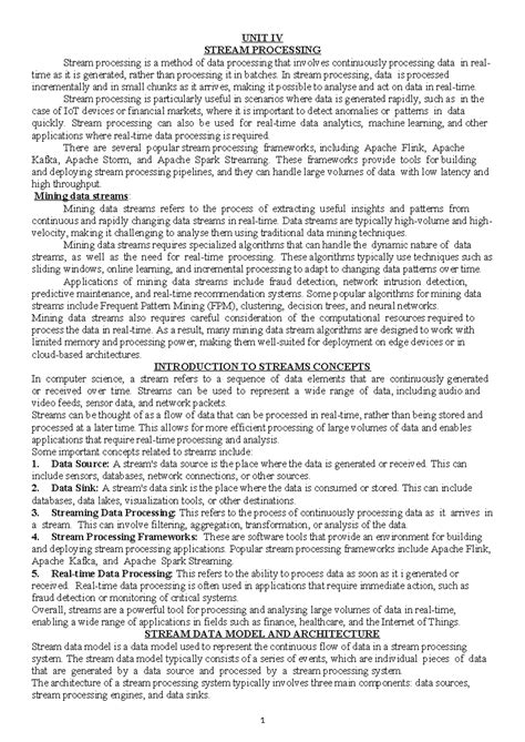 Unit IV BDA: Stream Processing Concepts and Applications - Studocu