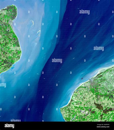 Strait of Dover, satellite image. Sea is blue, vegetation green. The Strait of Dover is the ...