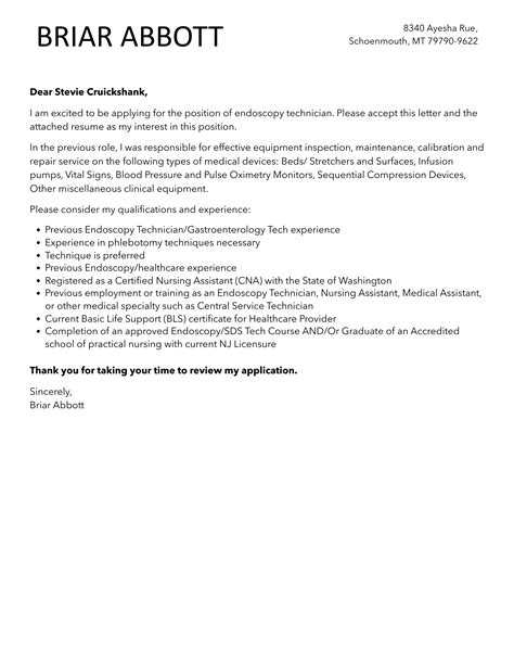 Endoscopy Technician Cover Letter | Velvet Jobs