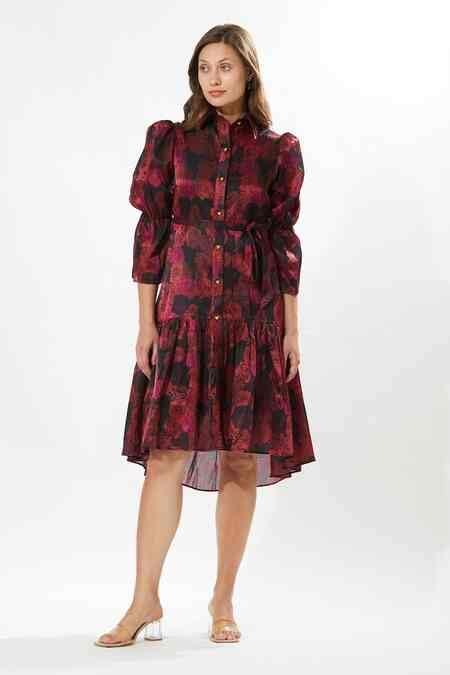 Buy Red Silk, Cotton Embroidery Collared Juliet Rosa Print Dress For ...