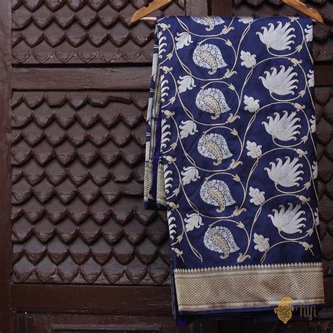 Navy Blue Pure Katan Silk Banarasi Handloom Saree - Tilfi