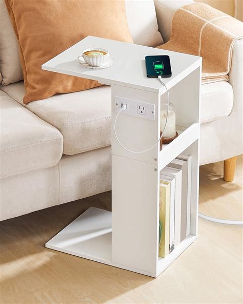 C Shaped End Table with Charging Station, Small Side Table for Living ...