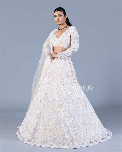Ivory Sequin Embroidered Lehenga with V-Neck Choli and Dupatta – AMRUT
