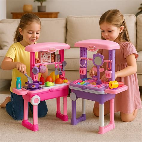 Chanak 2-in-1 Kids Kitchen Set & Beauty Trolley | 49 PCS Role Play Toy ...