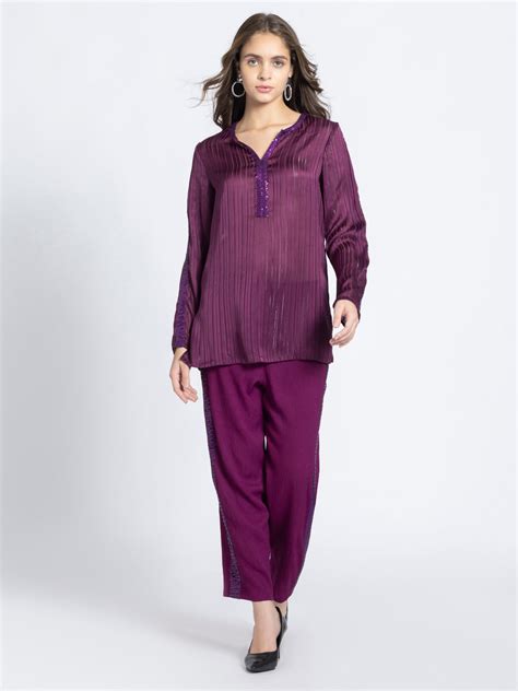 Wine Satin Self Stripe Sequin Ethnic Co-ord Set | Buy Co-ord set for ...