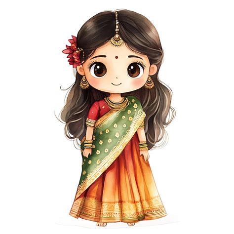 Cute cartoon illustration of a young indian girl in a traditional sari ...