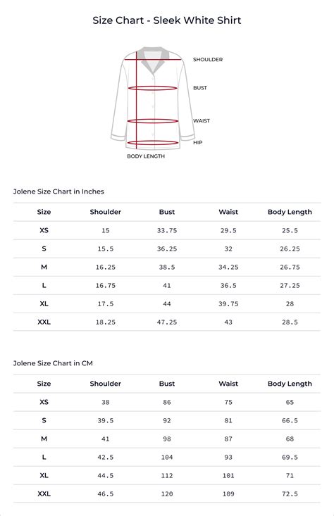 Sleek White Shirt Size Chart – Jolene