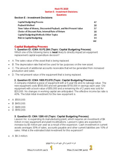 Hock P2 2020 Section E Capital Budgeting Decisions Questions - Studocu