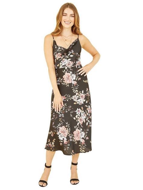 Yumi Floral Print Slip Midi Dress, Black