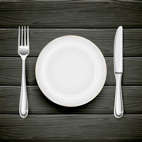 White plate with fork and knife on black wooden background illustration ...