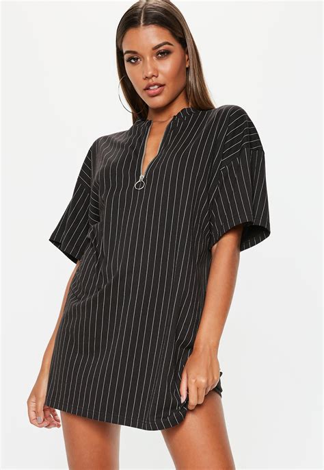Black Oversized Zip Pinstripe T Shirt Dress | Snake print maxi dress ...