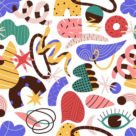 Bunte abstrakte trendige Doodle-Formen und Objekte nahtloses Muster ...