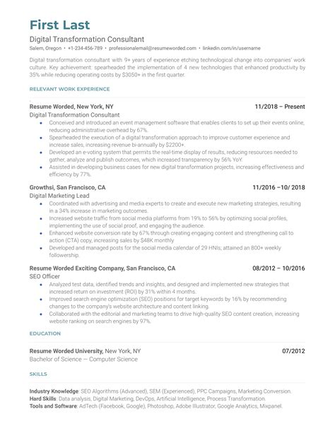 Digital Transformation Consultant Resume Examples for 2025 | Resume Worded
