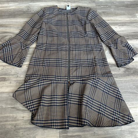 Navy and brown plaid dress with bell sleeves and... - Depop