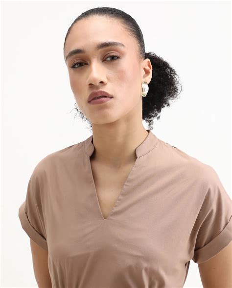 Rareism Women's Eleri Beige Polyester Extended Sleeves Mandarin Collar