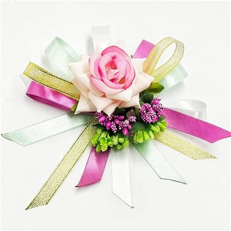 Vibrant Pink Rose with Multi-color Ribbons Artificial Flower Bunch for ...