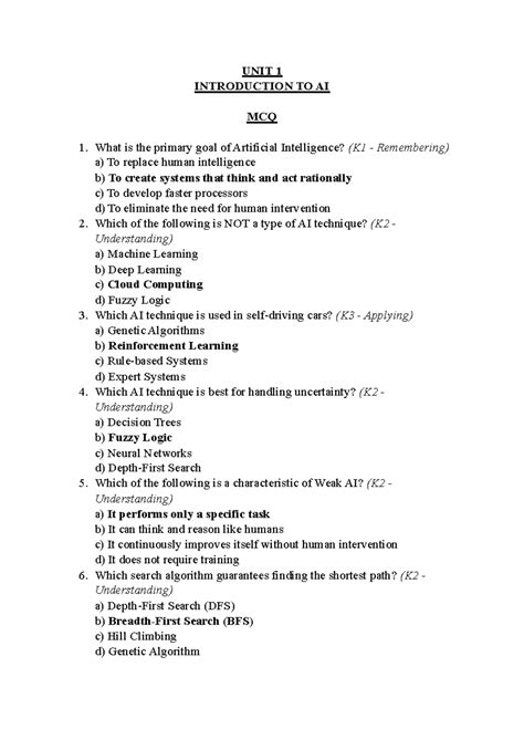 UNIT 1 - AI - Key Concepts & MCQs for Understanding - Studocu