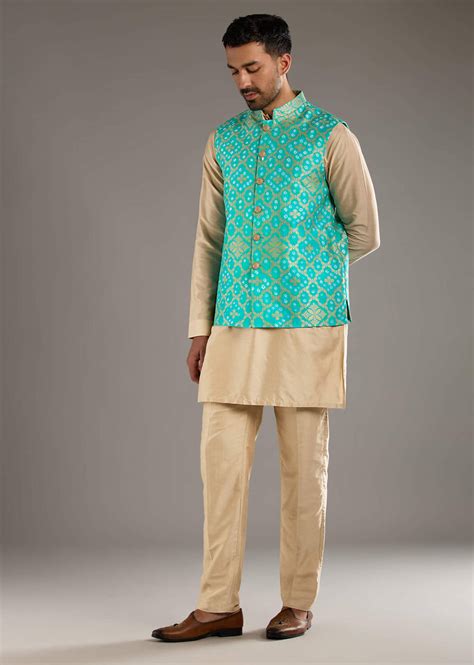 Buy Blue Silk Kurta Jacket Set For Men With Hand Dyed Bandhani Print ...