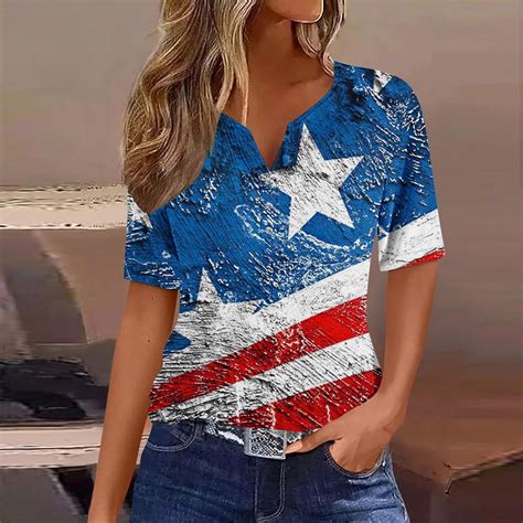 XWSHYW American Flag Shirts for Women Loose Fit V Neck USA Flag ...