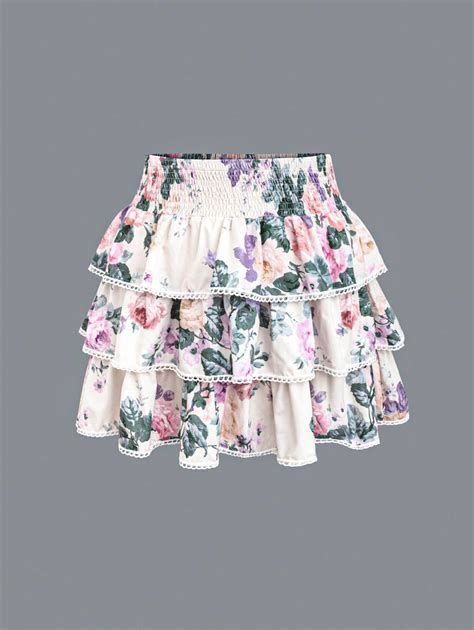 Sweetra Plus Size Floral Print Multi-Layered Skirt With Lace Detailing ...