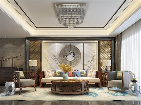 新中式风格别墅挑高客厅装修效果图-房屋装修效果图-保驾护航装修网