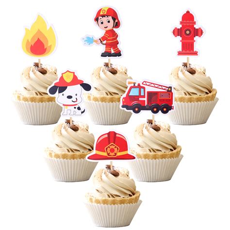 Buy 30 PCS Fire Truck Cupcake Toppers Fireman Cupcake Picks Fire ...