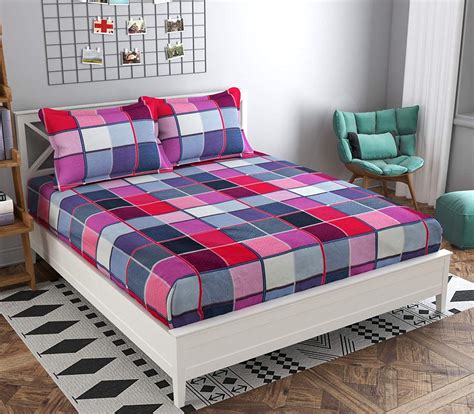 TIB Elastic Fitted King Size Glace Cotton Bedsheets with 2 Pillow Cove ...