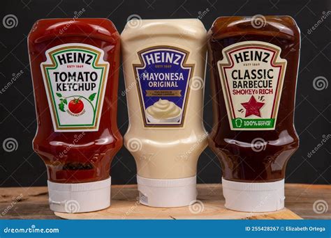 Ketchup, Barbecue Sauce and Mayonnaise, Heinz Brand, Black Background ...