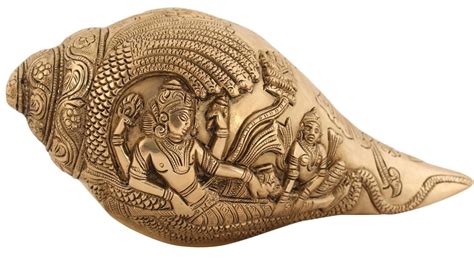 AONA Shankh Gold Brass Metal Vishnu Laxmi Printed for Puja Temple Decor ...