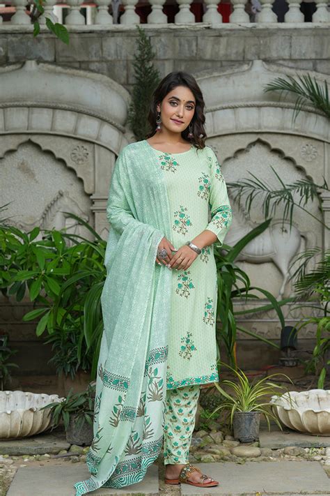Green Pure Cotton Straight Suit Set VKSKD1263 – Ahika
