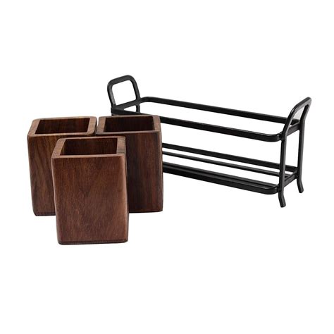 Wood & Wrought Iron Multipurpose Cutlery Holder | 3 Wooden Jars | Kitc ...